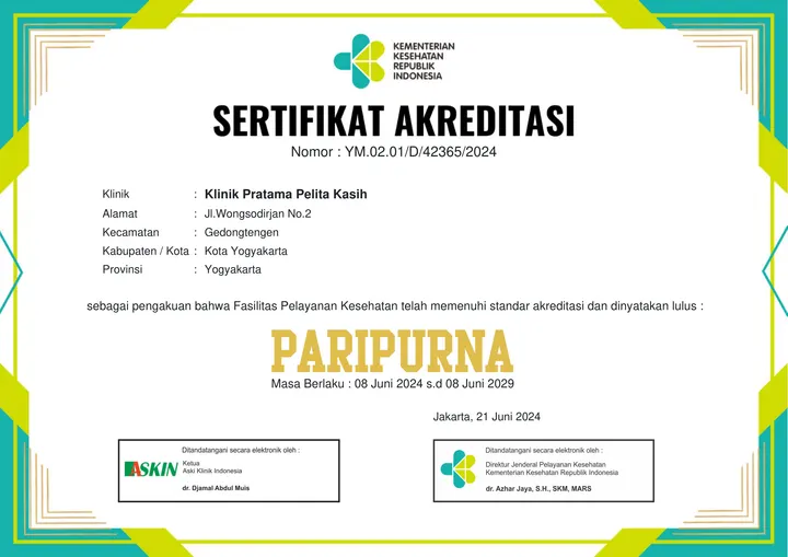 Sertifikat Akreditasi Klinik Pratama Pelita Kasih, predikat Paripurna